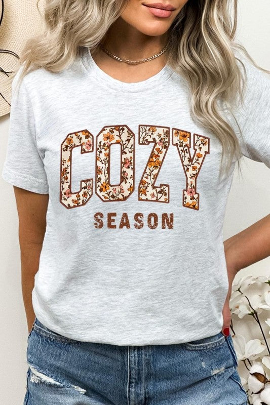 cozy season ash color fall t shirt with floral print design