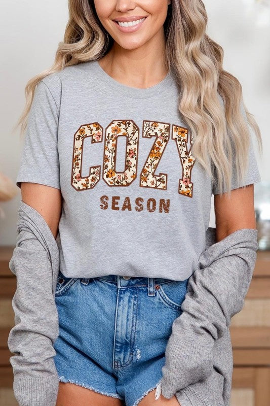 cozy season athletic heather fall t shirt with a floral print design