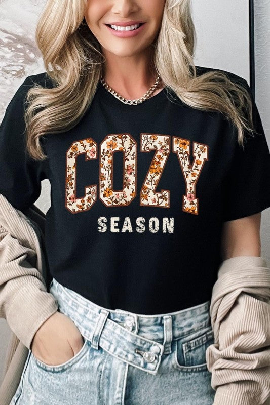 cozy season black fall tshirt with a floral print design