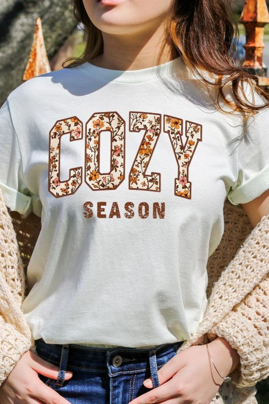 cozy season spring green fall tshirt with a floral print design
