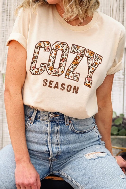 cozy season cream fall tshirt with a floral print design