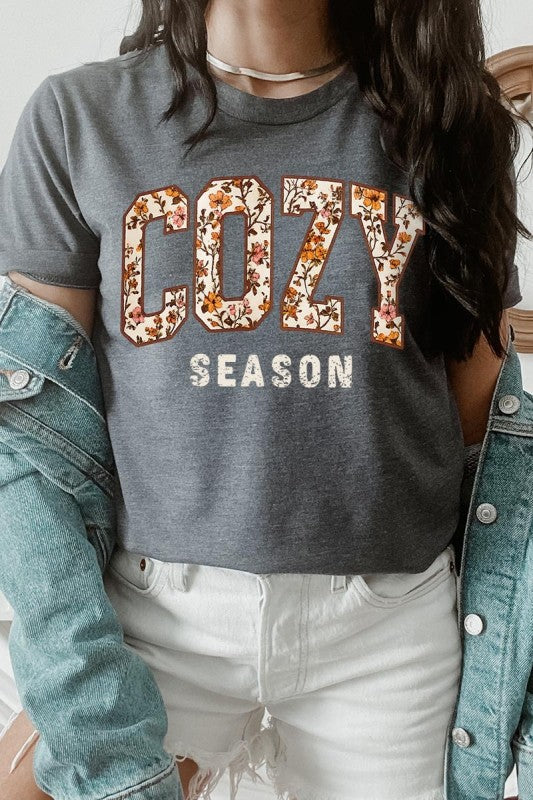 cozy season dark grey heather fall t shirt with a floral print design