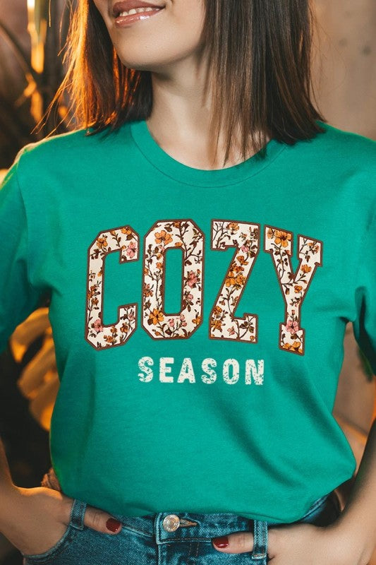 cozy season kelly green fall t shirt with a floral print design