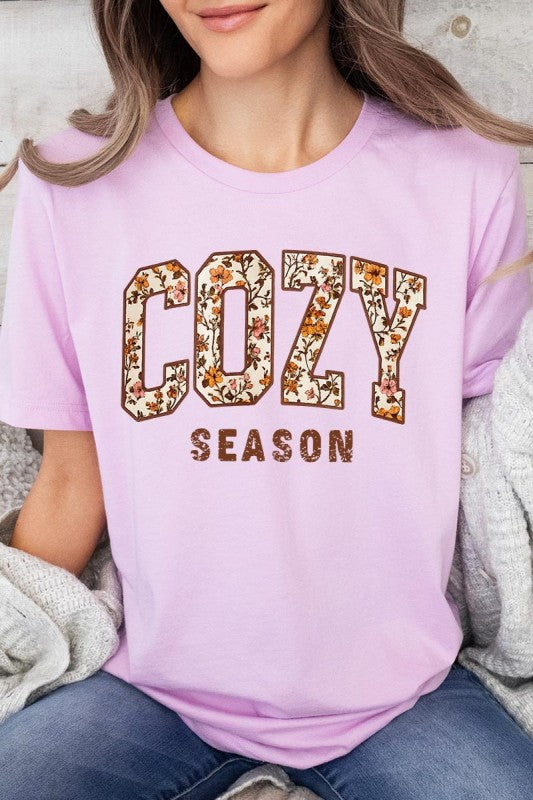 cozy season lilac fall tshirt with a floral print design