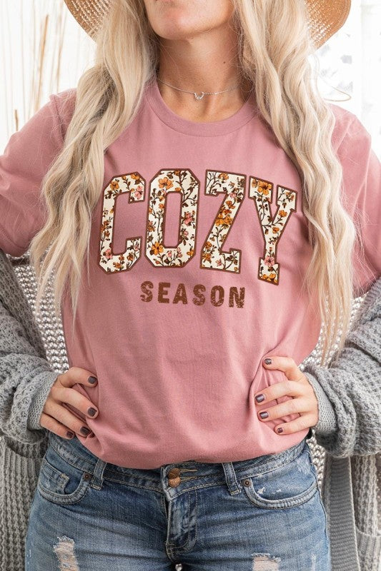 cozy season mauve fall tshirt with a floral print design