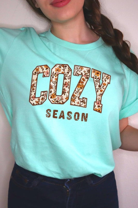 cozy season mint fall tshirt with a floral print design