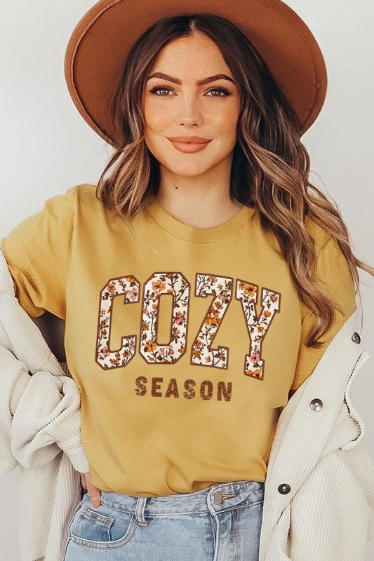 cozy season mustard fall tshirt with a floral print design