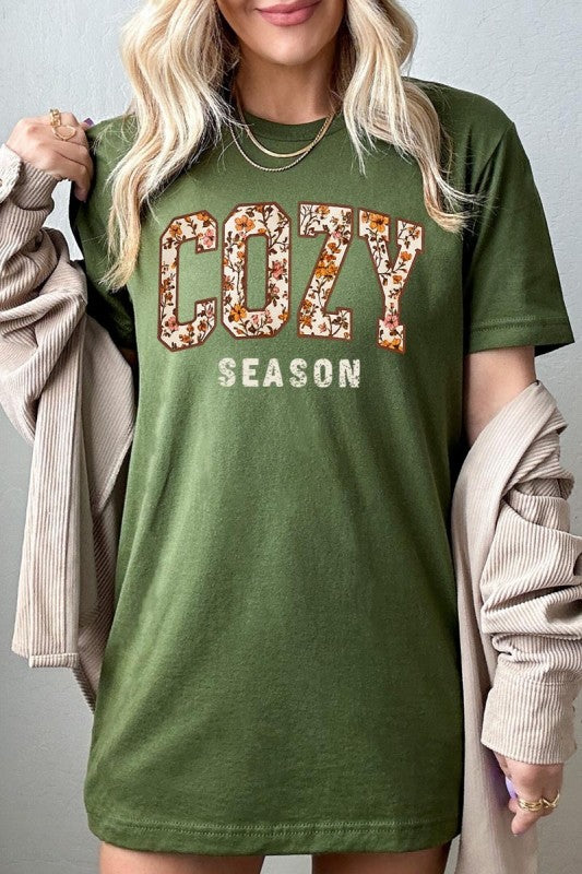 cozy season olive fall tshirt with a floral print design