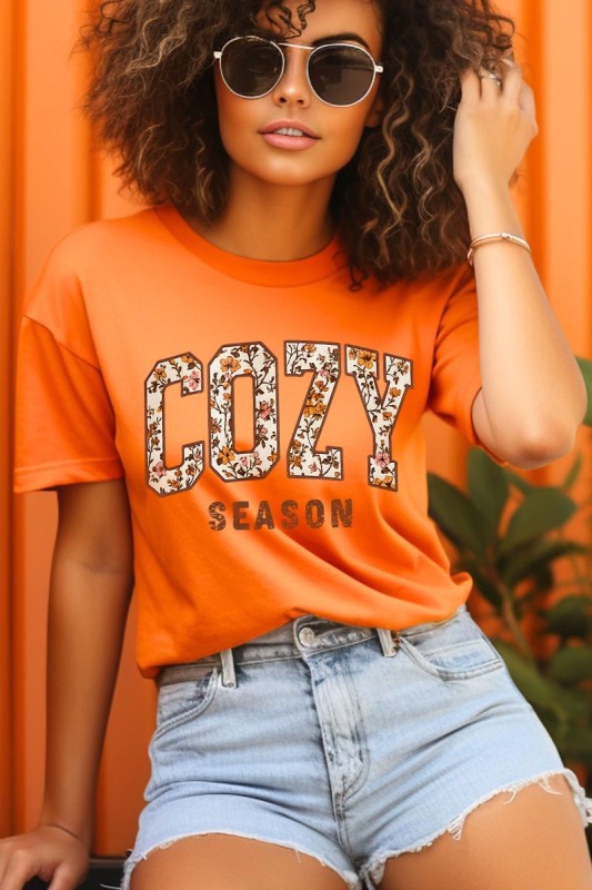 cozy season orange fall tshirt with a floral print design