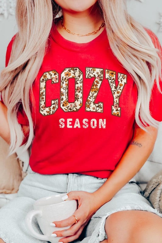 cozy season red fall tshirt with a floral print design