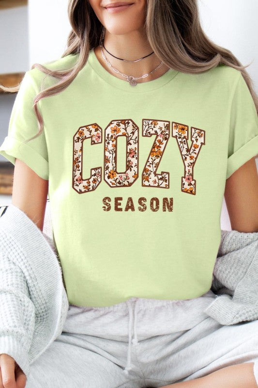 cozy season spring green fall tshirt with a floral print design