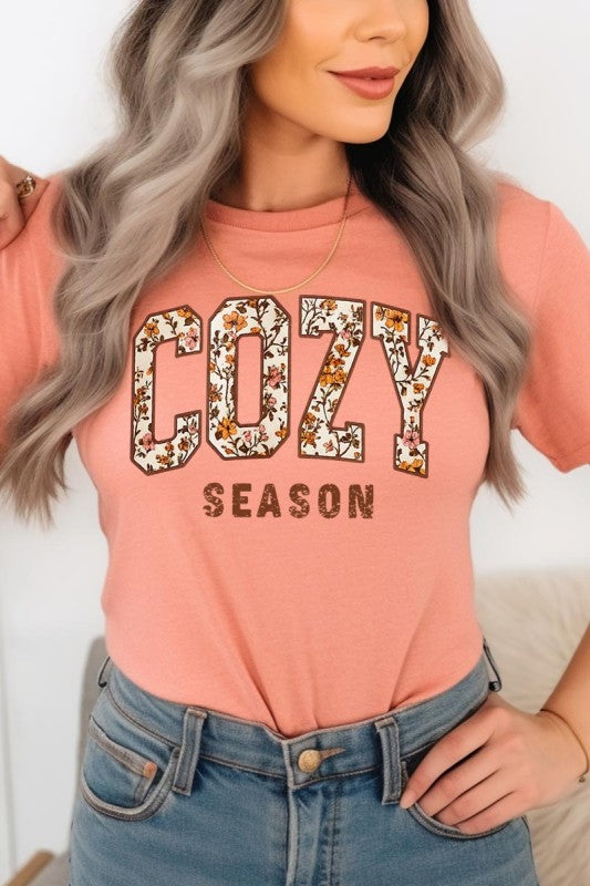 cozy season sunset fall tshirt with a floral print design