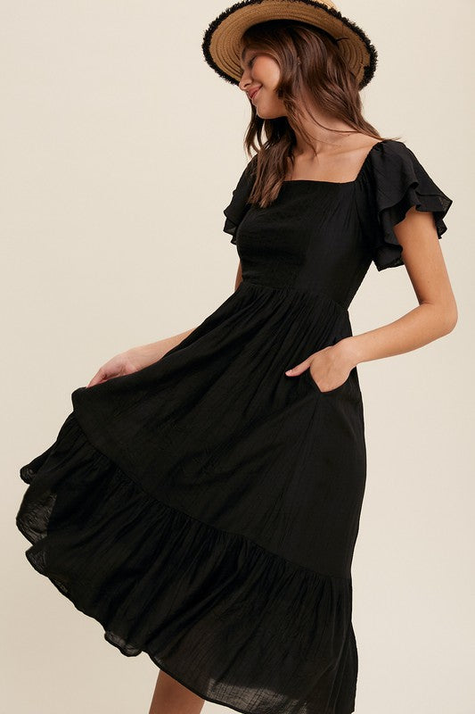 Square Neck Ruffled Short Sleeve Maxi Dress