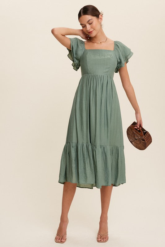 Square Neck Ruffled Short Sleeve Maxi Dress