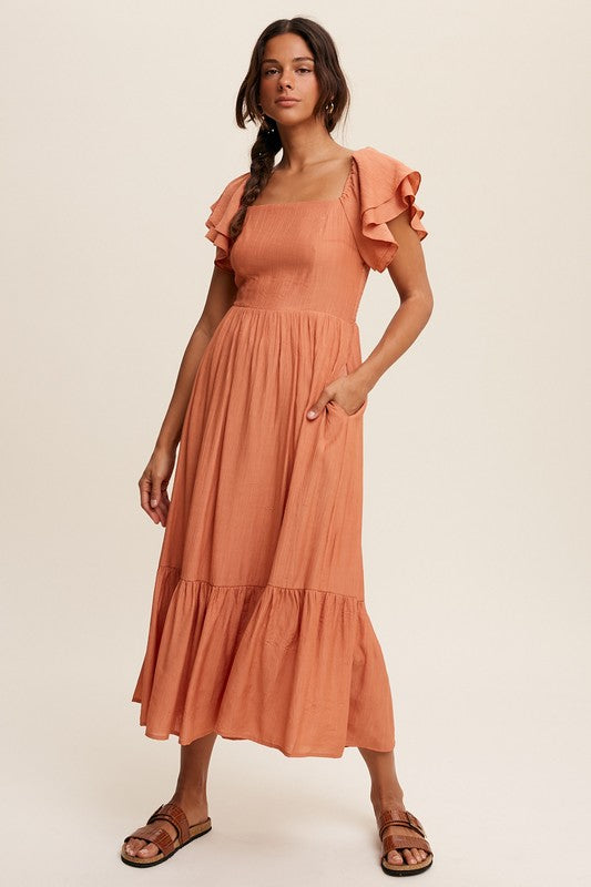 Square Neck Ruffled Short Sleeve Maxi Dress