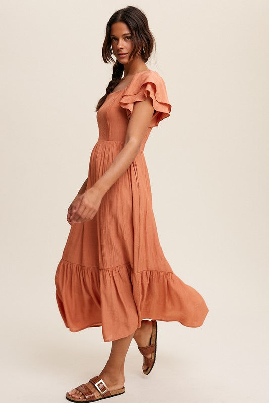 Square Neck Ruffled Short Sleeve Maxi Dress