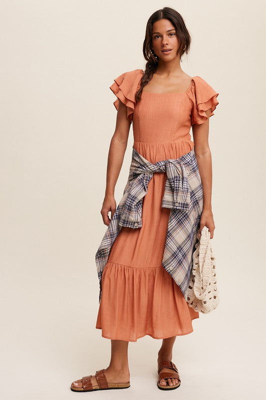 Square Neck Ruffled Short Sleeve Maxi Dress