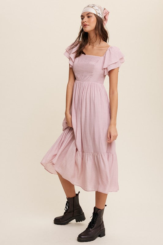 Square Neck Ruffled Short Sleeve Maxi Dress