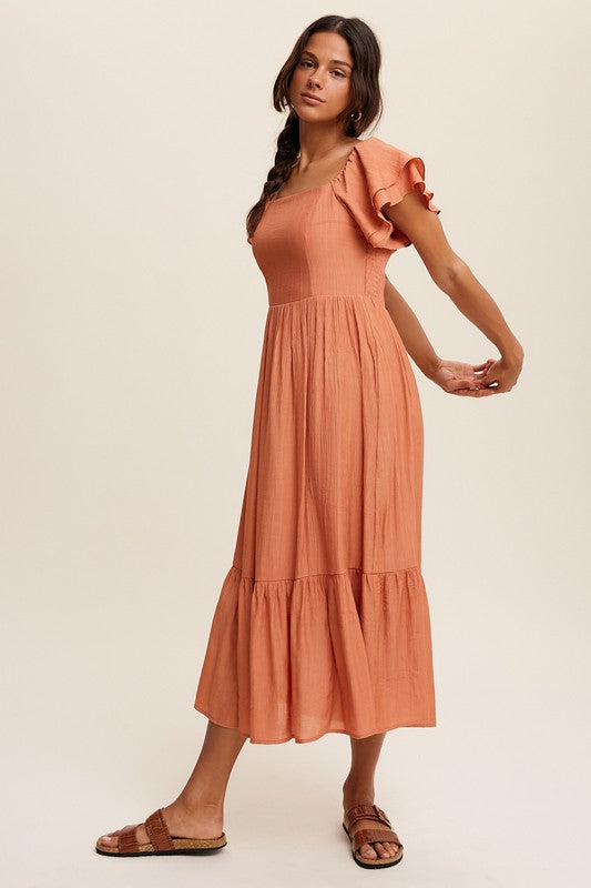 Square Neck Ruffled Short Sleeve Maxi Dress