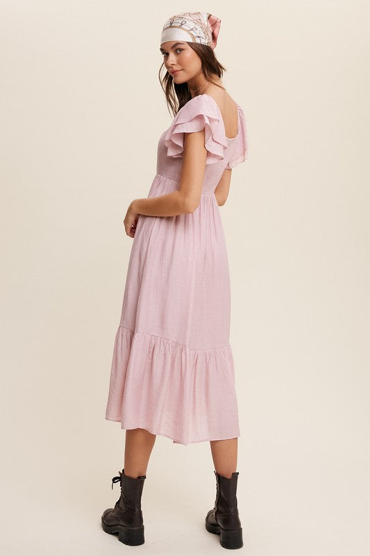 Square Neck Ruffled Short Sleeve Maxi Dress