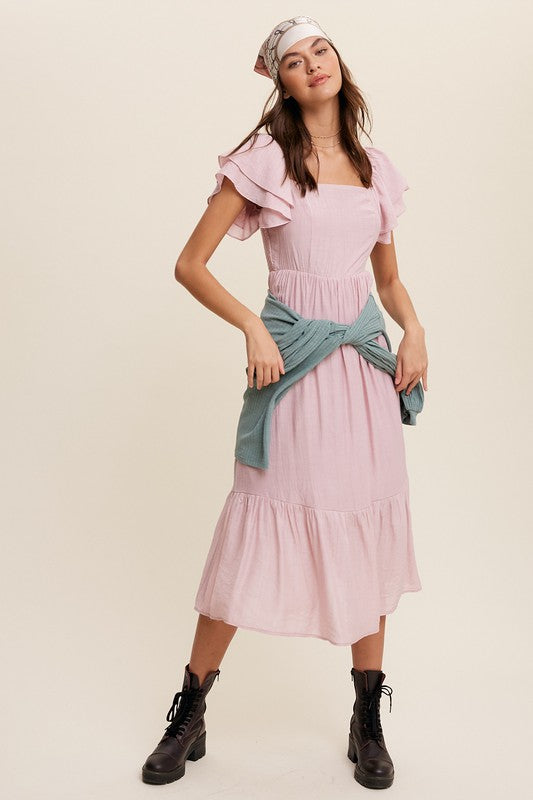 Square Neck Ruffled Short Sleeve Maxi Dress