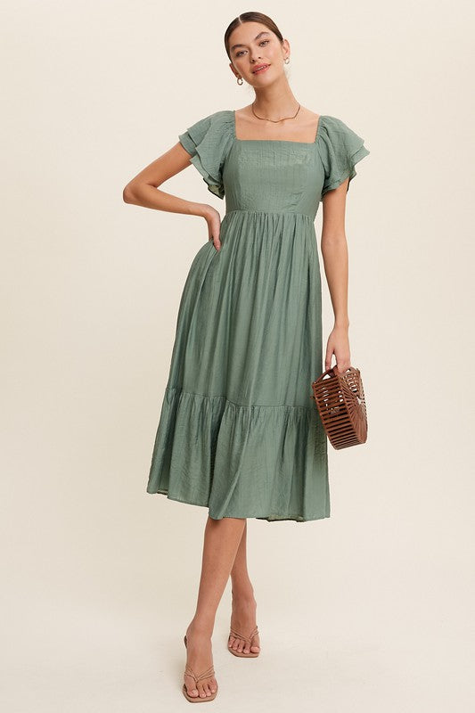 Square Neck Ruffled Short Sleeve Maxi Dress