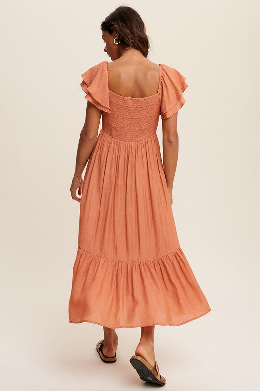 Square Neck Ruffled Short Sleeve Maxi Dress