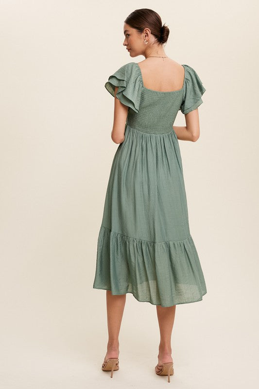 Square Neck Ruffled Short Sleeve Maxi Dress