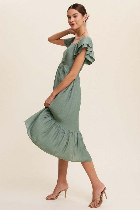 Square Neck Ruffled Short Sleeve Maxi Dress