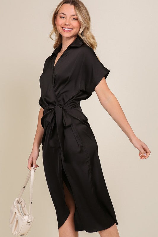 SURPLICE SATIN WRAP DRESS