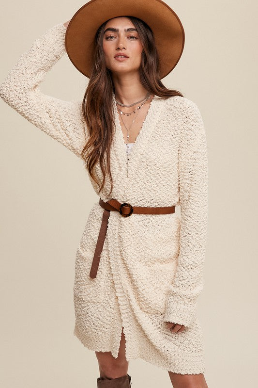 Popcorn Open Knit Cardigan Sweater