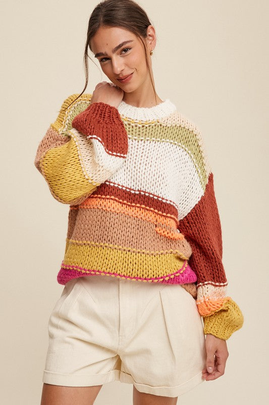 Open Mixed Knit Slouchy Hand Crochet Sweater