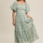 Flower Embroidered Puff Sleeve Tiered Maxi Dress