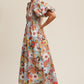 Flower Print Smocked V-neck Puff Sleeve Maxi Dress