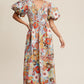 Flower Print Smocked V-neck Puff Sleeve Maxi Dress