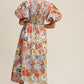 Flower Print Smocked V-neck Puff Sleeve Maxi Dress