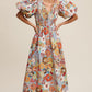 Flower Print Smocked V-neck Puff Sleeve Maxi Dress