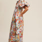 Flower Print Smocked V-neck Puff Sleeve Maxi Dress