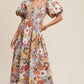 Flower Print Smocked V-neck Puff Sleeve Maxi Dress