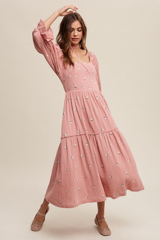 Ditzy Floral Embroidery Puff Sleeve Maxi Dress