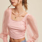 Square Neck Mesh Puff Sleeve Knit Top