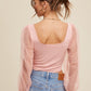 Square Neck Mesh Puff Sleeve Knit Top