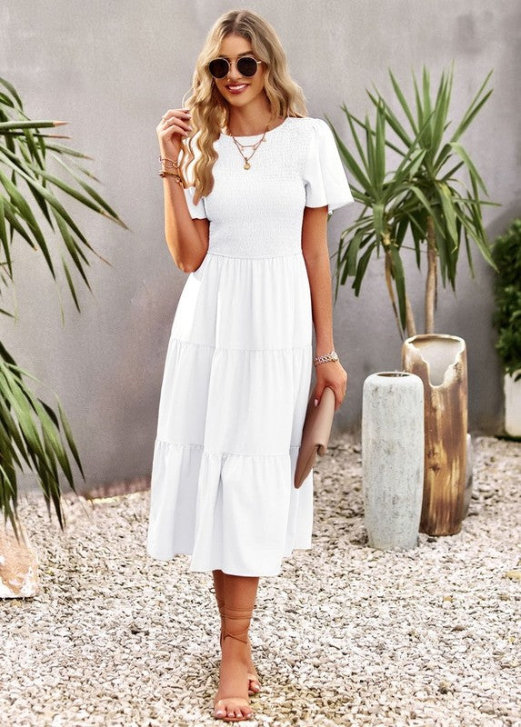 Women's Short Sleeve Round Neck Waist Tiered Dress