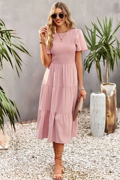 Women's Short Sleeve Round Neck Waist Tiered Dress