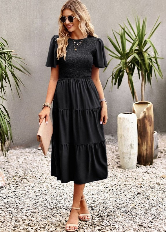 Women's Short Sleeve Round Neck Waist Tiered Dress