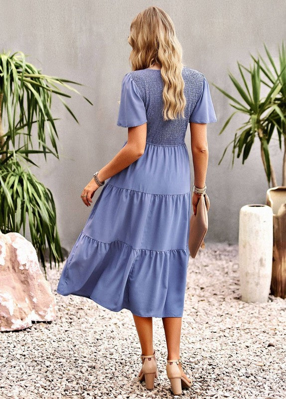 Women's Short Sleeve Round Neck Waist Tiered Dress