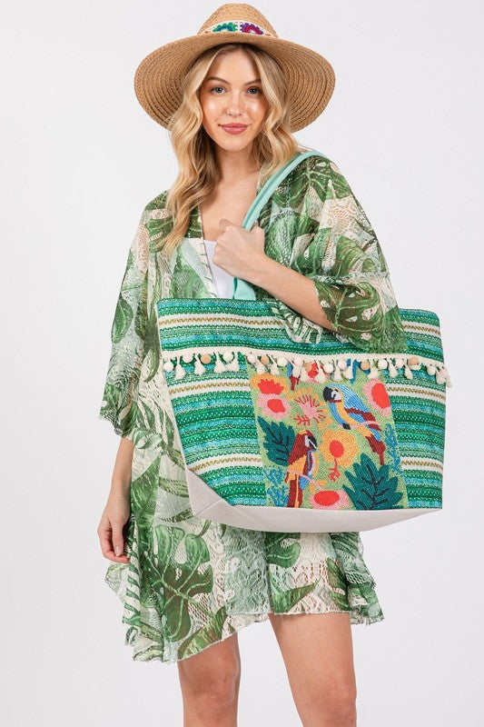 Bird and Tassel Beaded Tote Bag