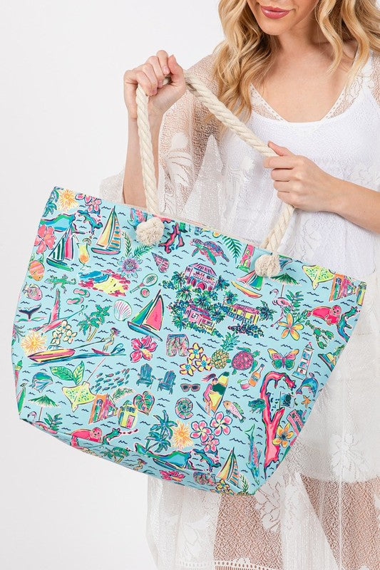 Beach and Flower Print Tote Bag