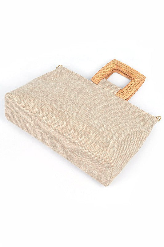 Bamboo Top Handle Linen Convertible Clutch Bag