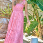 PRINTED SMOCKED RUFFLE MAXI DRESS